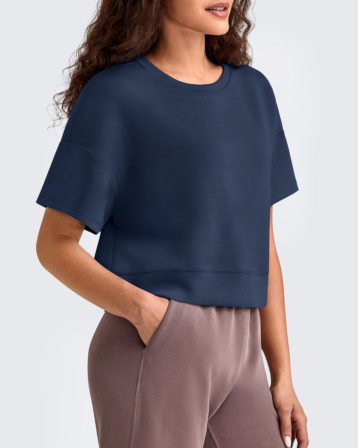 imageG4Free Smoofit Modal Soft Boxy Tee Shirts for Women Short Sleeve Drop Shoulder Crew Neck Basic Tops Casual LoungeDark Navy