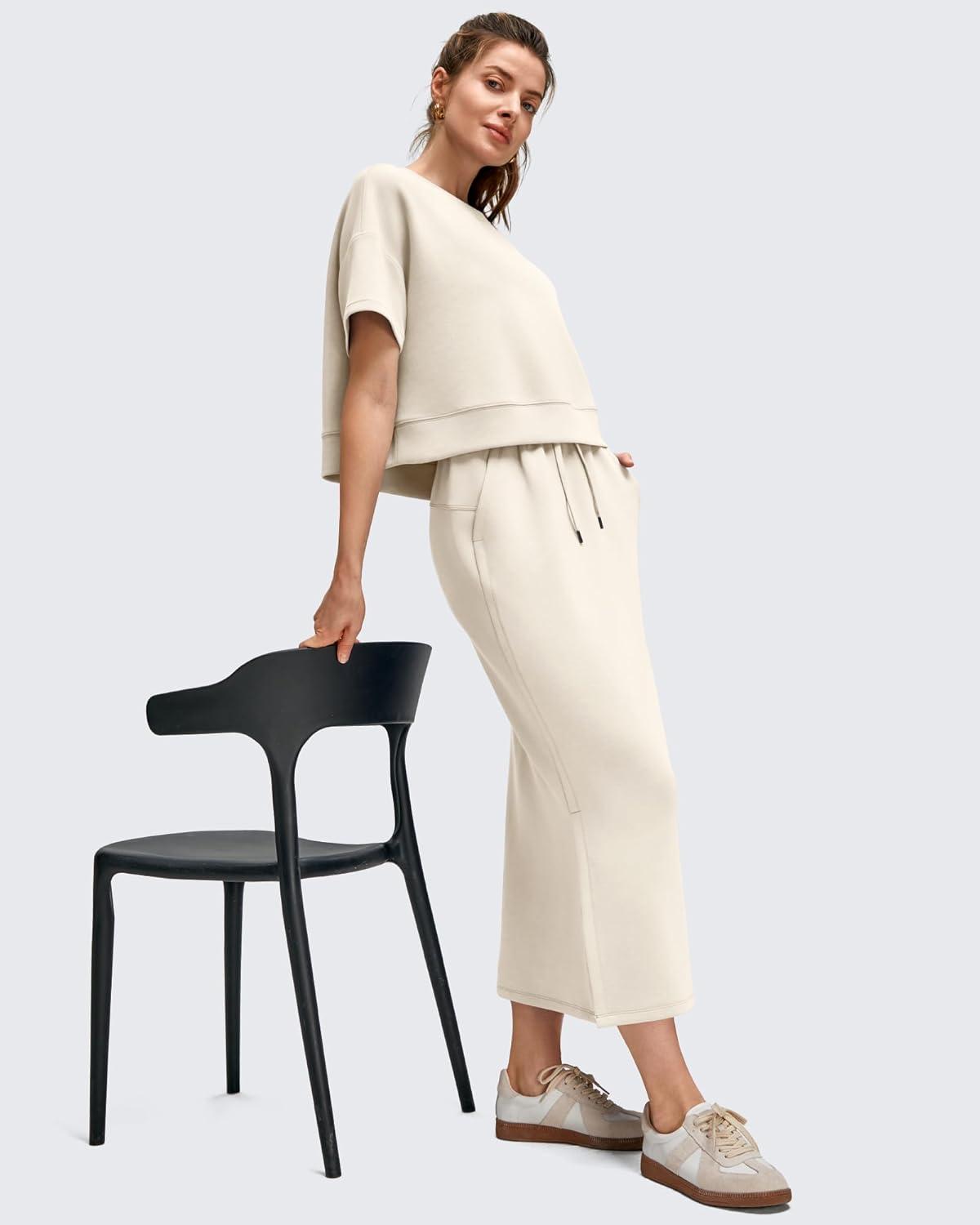 imageG4Free Smoofit Modal Soft Boxy Tee Shirts for Women Short Sleeve Drop Shoulder Crew Neck Basic Tops Casual LoungeIvory