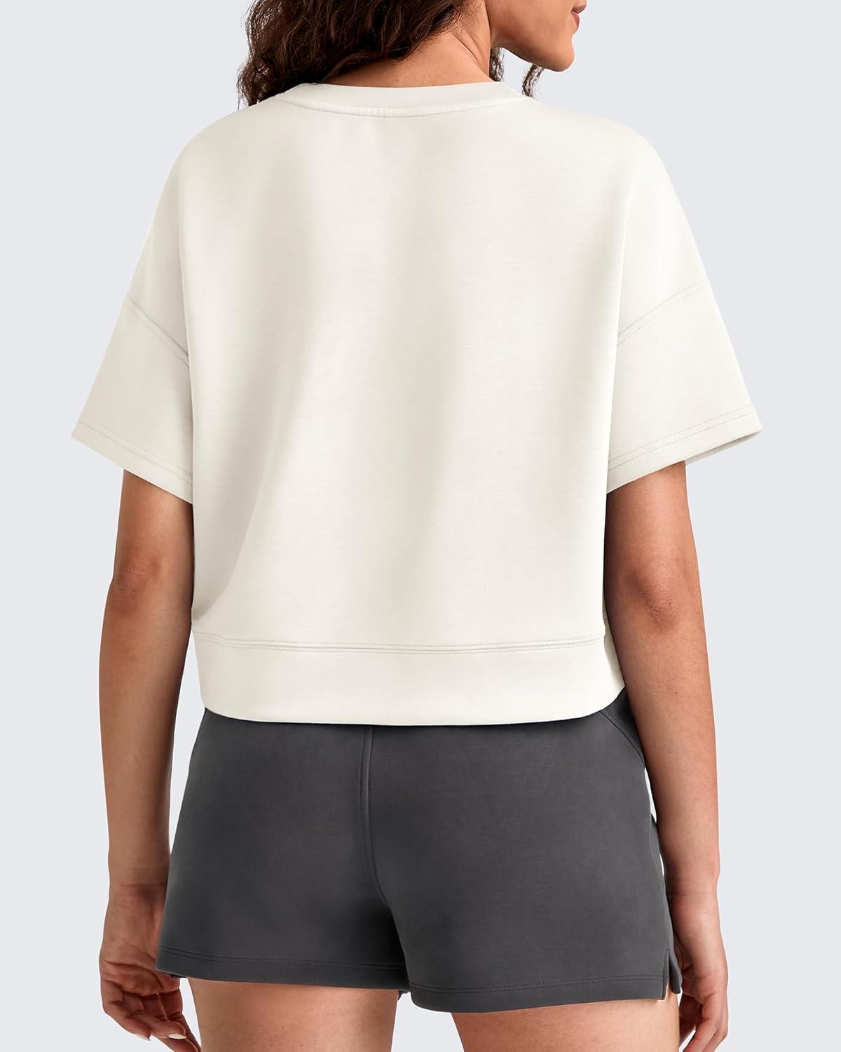 imageG4Free Smoofit Modal Soft Boxy Tee Shirts for Women Short Sleeve Drop Shoulder Crew Neck Basic Tops Casual LoungeIvory