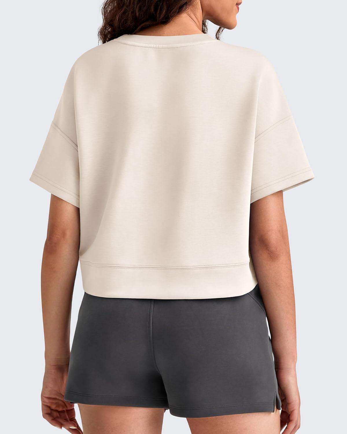 imageG4Free Smoofit Modal Soft Boxy Tee Shirts for Women Short Sleeve Drop Shoulder Crew Neck Basic Tops Casual LoungeLight Khaki