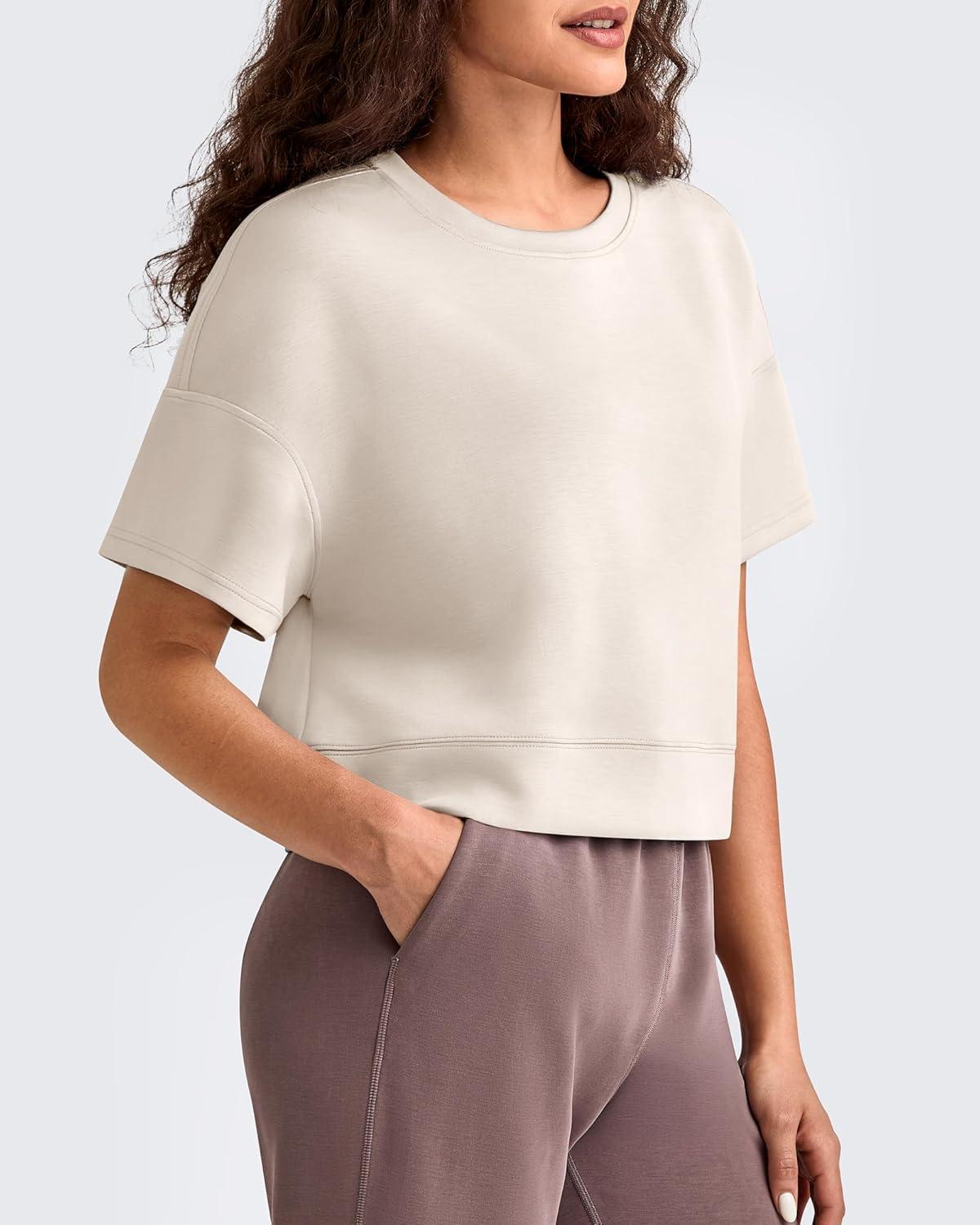 imageG4Free Smoofit Modal Soft Boxy Tee Shirts for Women Short Sleeve Drop Shoulder Crew Neck Basic Tops Casual LoungeLight Khaki