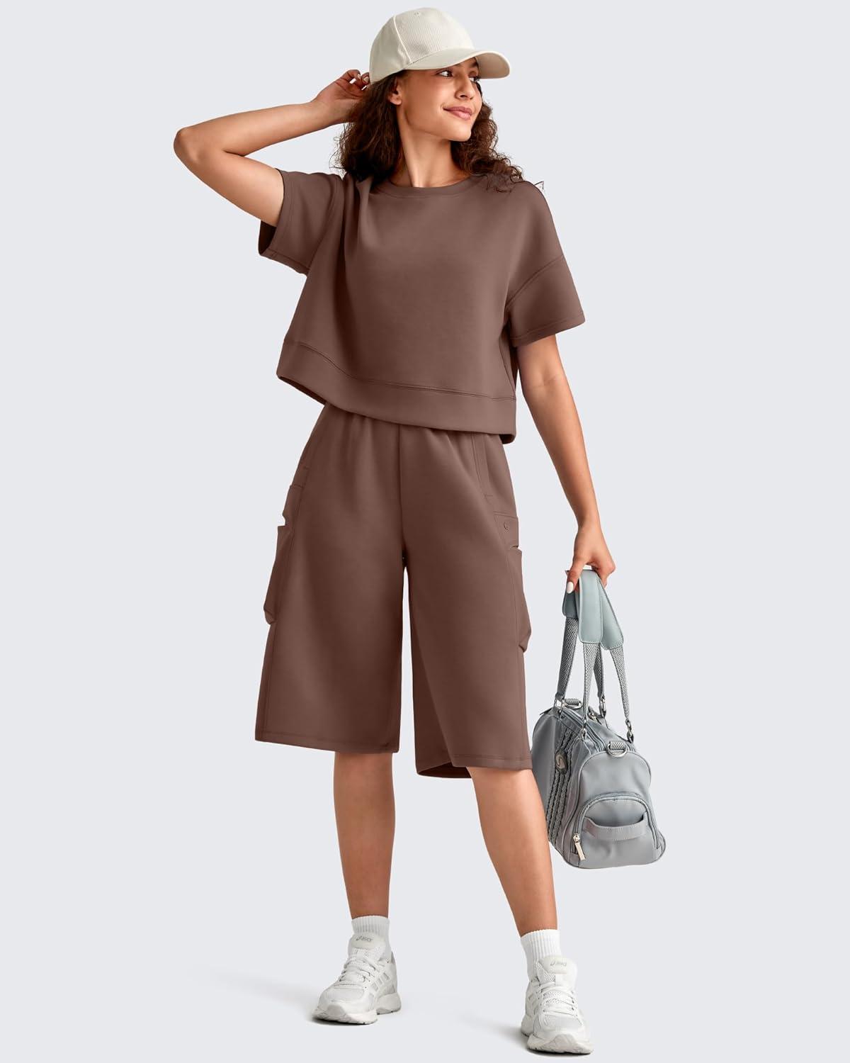 imageG4Free Smoofit Modal Soft Capri Yoga Pants for Women 13quot Knee Length Wide Leg Cargo Sweatpants Travel Casual Bermuda ShortsCoffee Brown