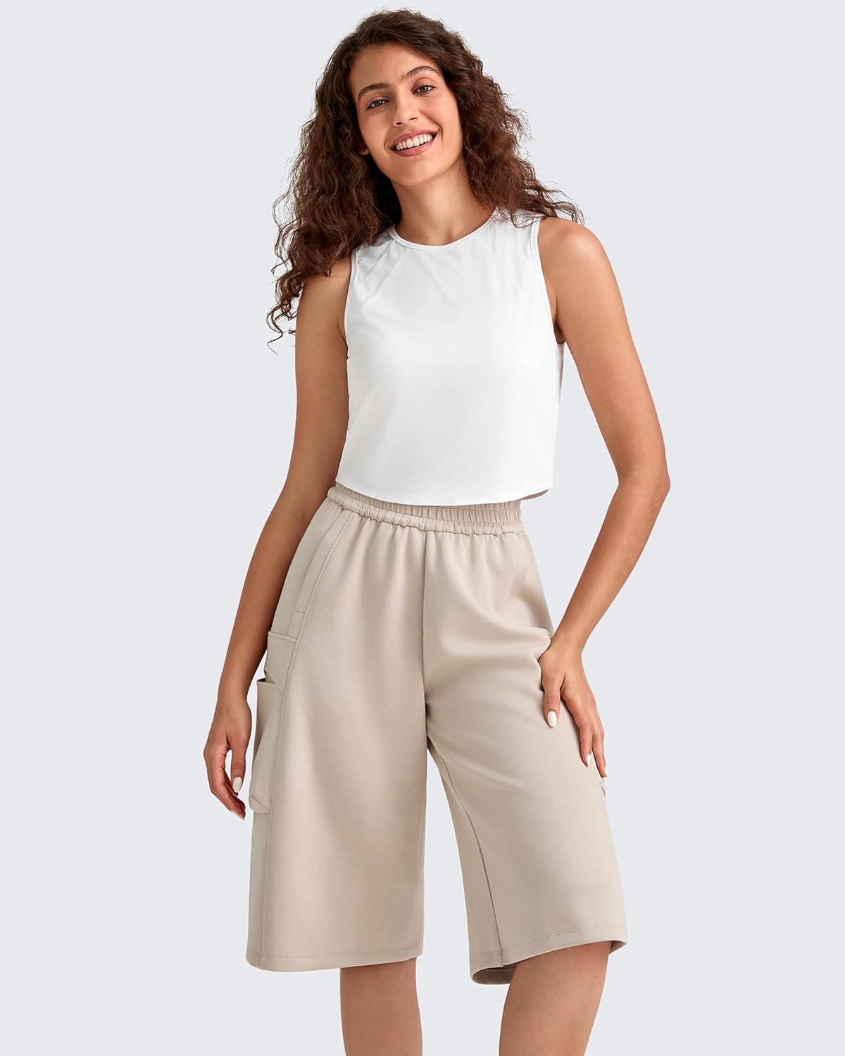 imageG4Free Smoofit Modal Soft Capri Yoga Pants for Women 13quot Knee Length Wide Leg Cargo Sweatpants Travel Casual Bermuda ShortsLight Khaki