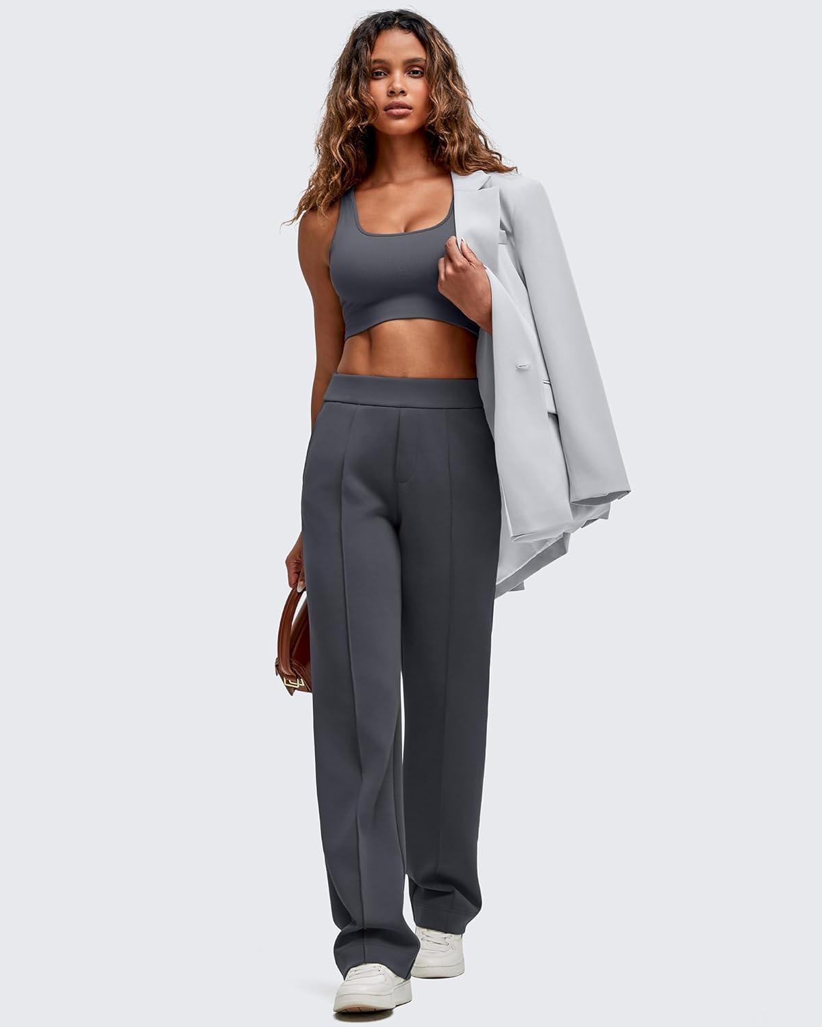 imageG4Free Smoofit Modal Soft Straight Leg Sweatpants for Women Elastic High Waist Casual Lounge Dress Pants with PocketsDark Gray
