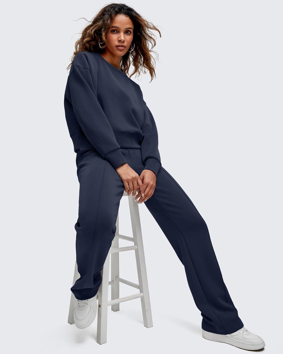 imageG4Free Smoofit Modal Soft Straight Leg Sweatpants for Women Elastic High Waist Casual Lounge Dress Pants with PocketsDark Navy