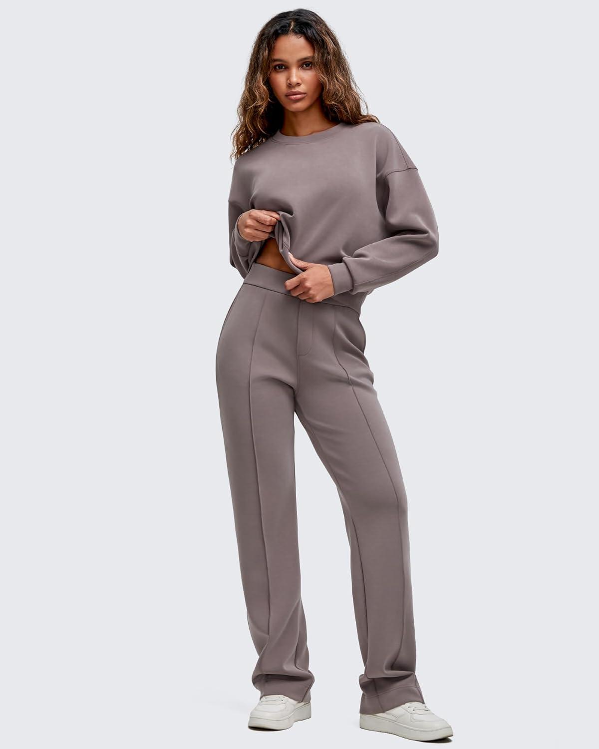 imageG4Free Smoofit Modal Soft Straight Leg Sweatpants for Women Elastic High Waist Casual Lounge Dress Pants with PocketsTaupe