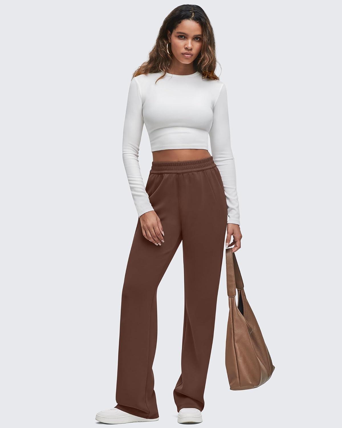 imageG4Free Smoofit Modal Soft Wide Leg Sweatpants for Women High Waisted Casual Lounge Travel Pants with PocketsDark Coffee