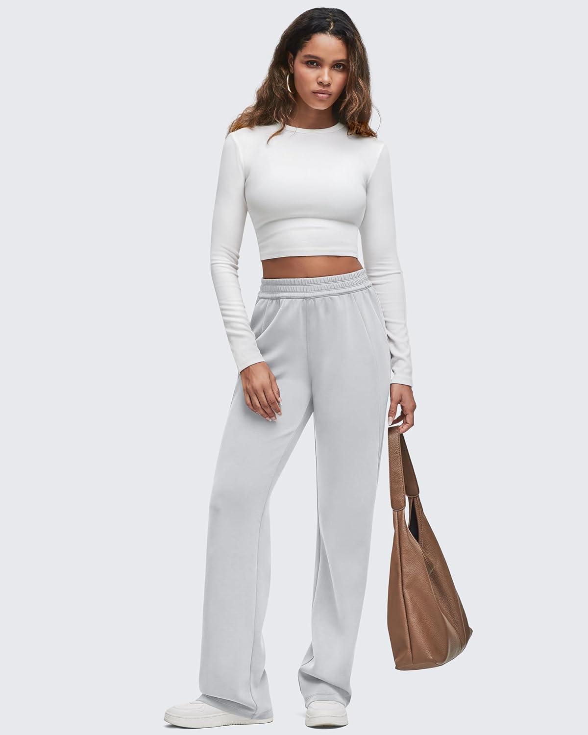 imageG4Free Smoofit Modal Soft Wide Leg Sweatpants for Women High Waisted Casual Lounge Travel Pants with PocketsLight Grey