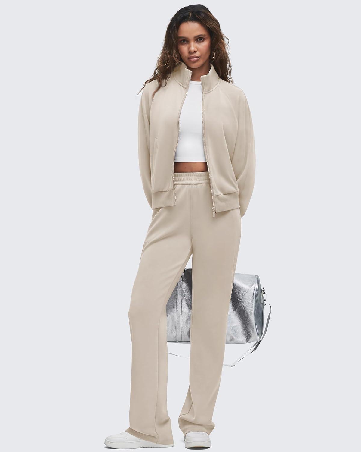 imageG4Free Smoofit Modal Soft Wide Leg Sweatpants for Women High Waisted Casual Lounge Travel Pants with PocketsLight Khaki