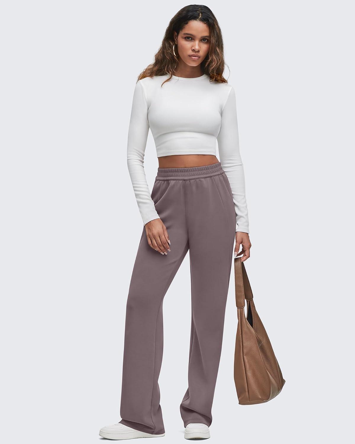 imageG4Free Smoofit Modal Soft Wide Leg Sweatpants for Women High Waisted Casual Lounge Travel Pants with PocketsTaupe
