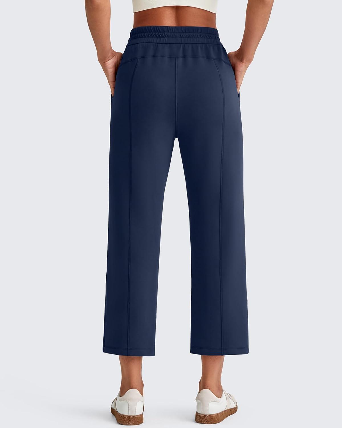 imageG4Free Smoofit Modal Soft Women Wide Leg Capri Sweatpants Adjustable Shockcord High Waist Casual Cropped Pants with PocketsDeep Navy