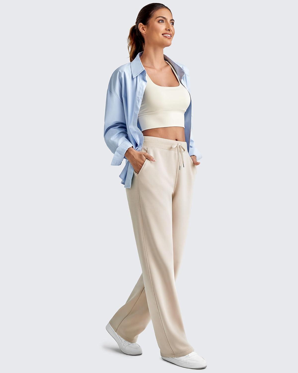 imageG4Free Smoofit Modal Soft Women Wide Leg Sweatpants Drawstring Casual Lounge Dress Pants with Pockets PetiteRegularTallLight Khaki