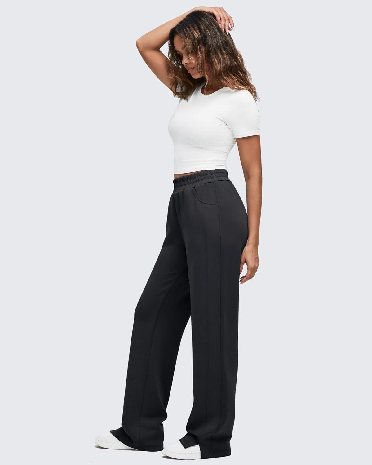 imageG4Free Smoofit Modal Soft Women Wide Leg Sweatpants High Waisted Side Slit Casual Pants with Pockets PetiteRegularTallBlack