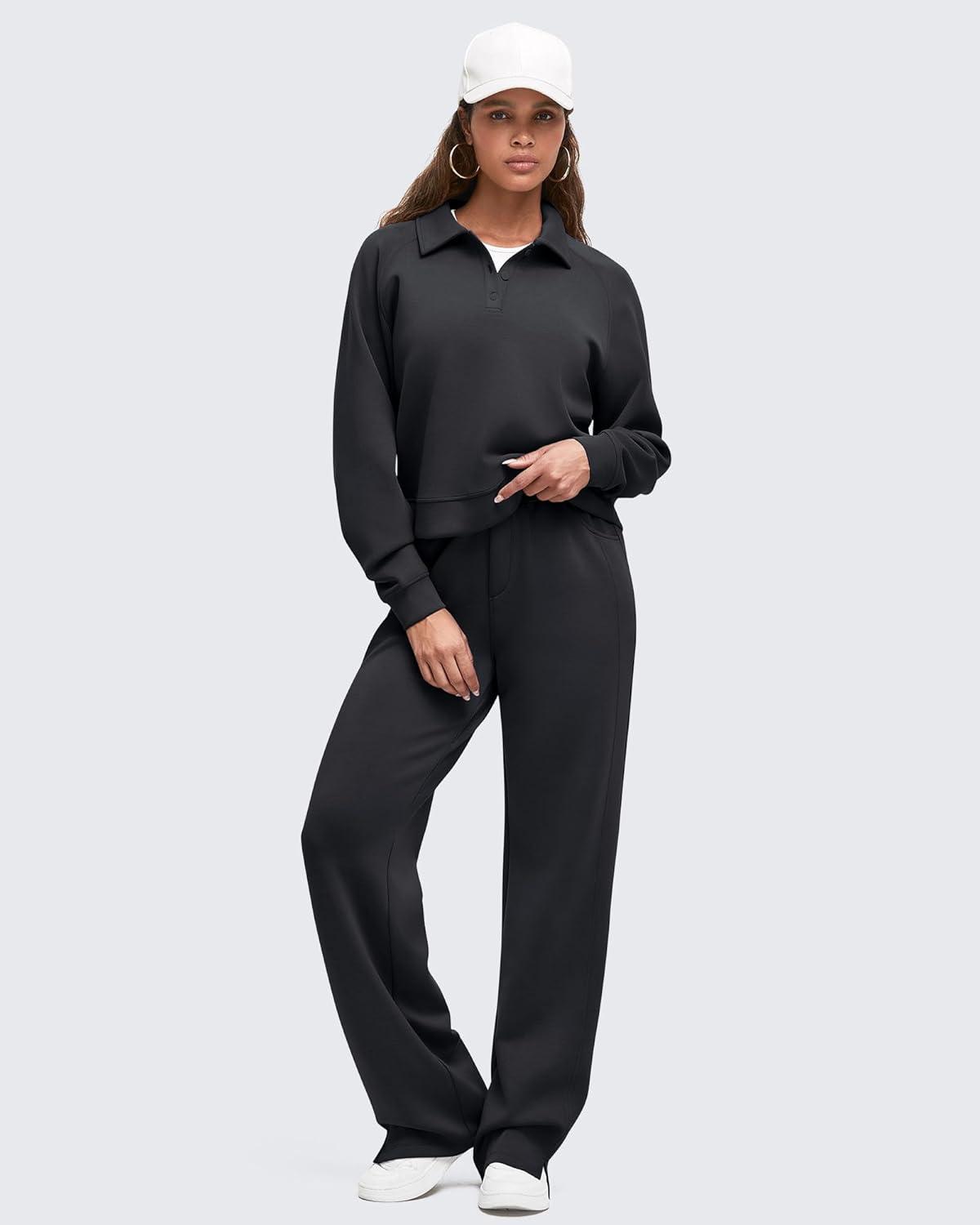 imageG4Free Smoofit Modal Soft Women Wide Leg Sweatpants High Waisted Side Slit Casual Pants with Pockets PetiteRegularTallBlack