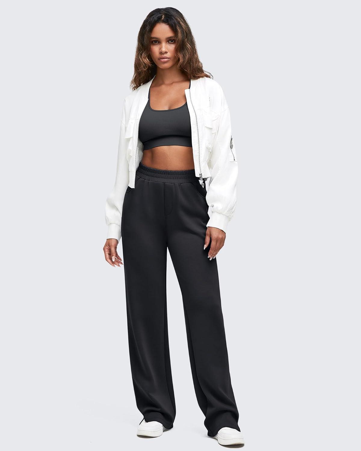 imageG4Free Smoofit Modal Soft Women Wide Leg Sweatpants High Waisted Side Slit Casual Pants with Pockets PetiteRegularTallBlack