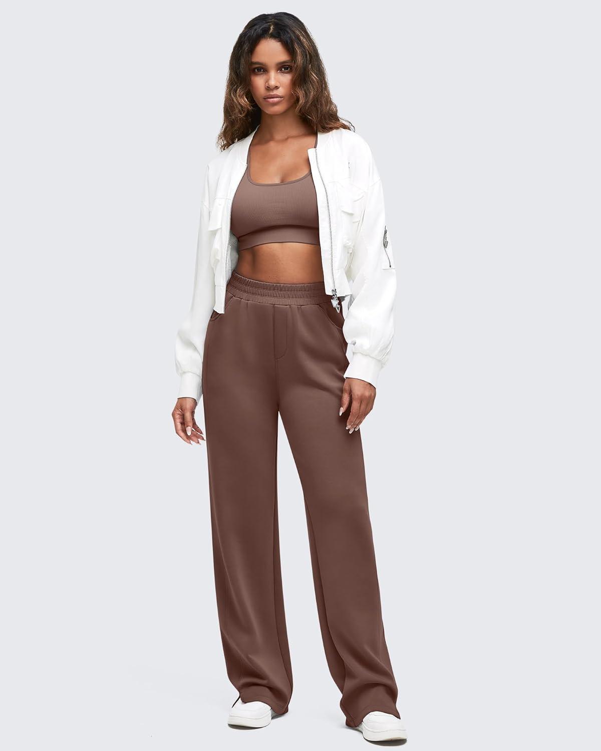 imageG4Free Smoofit Modal Soft Women Wide Leg Sweatpants High Waisted Side Slit Casual Pants with Pockets PetiteRegularTallCoffee Brown