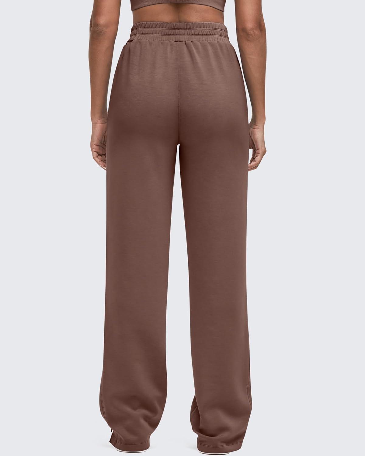 imageG4Free Smoofit Modal Soft Women Wide Leg Sweatpants High Waisted Side Slit Casual Pants with Pockets PetiteRegularTallCoffee Brown