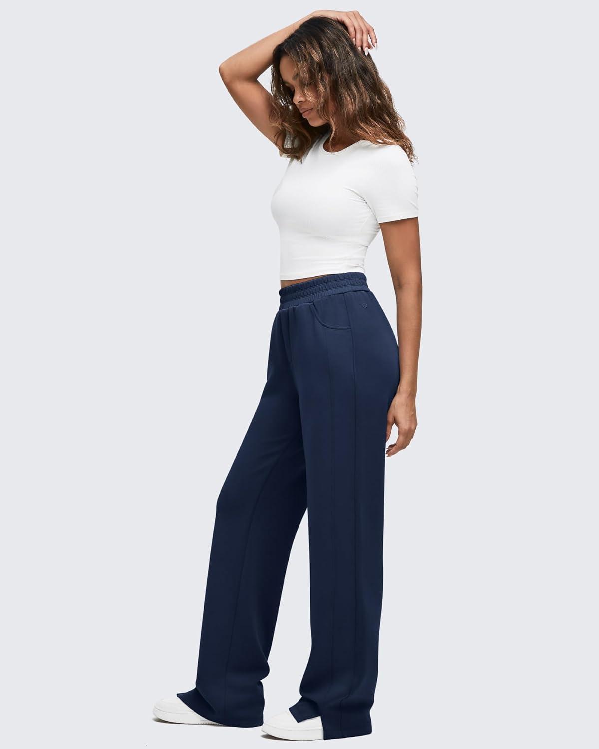 imageG4Free Smoofit Modal Soft Women Wide Leg Sweatpants High Waisted Side Slit Casual Pants with Pockets PetiteRegularTallDark Navy
