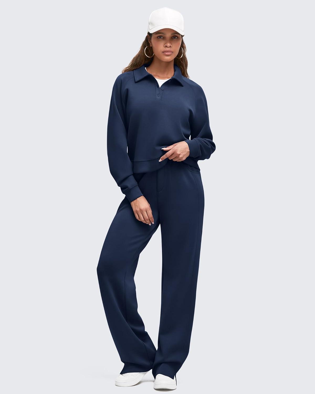 imageG4Free Smoofit Modal Soft Women Wide Leg Sweatpants High Waisted Side Slit Casual Pants with Pockets PetiteRegularTallDark Navy