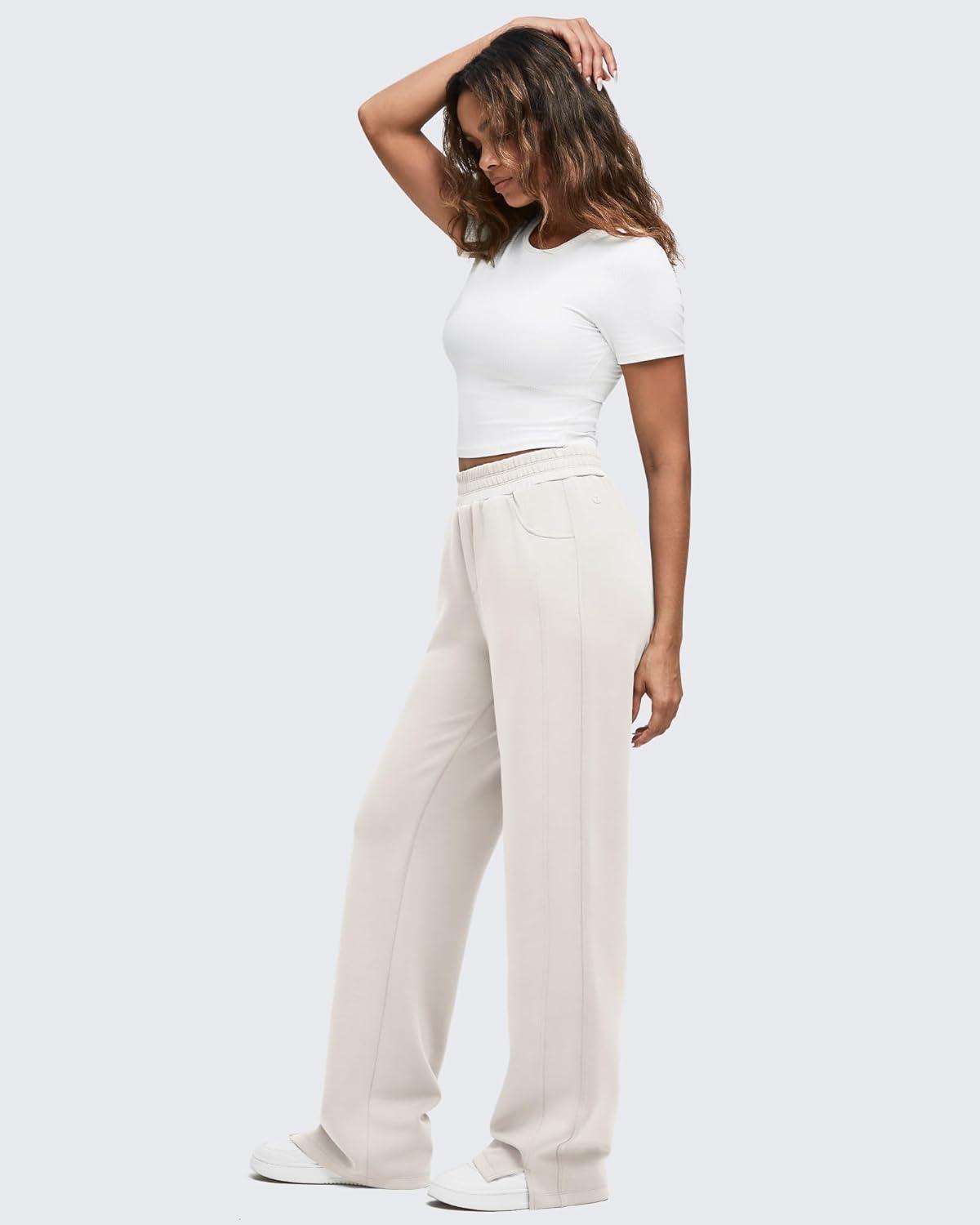 imageG4Free Smoofit Modal Soft Women Wide Leg Sweatpants High Waisted Side Slit Casual Pants with Pockets PetiteRegularTallIvory