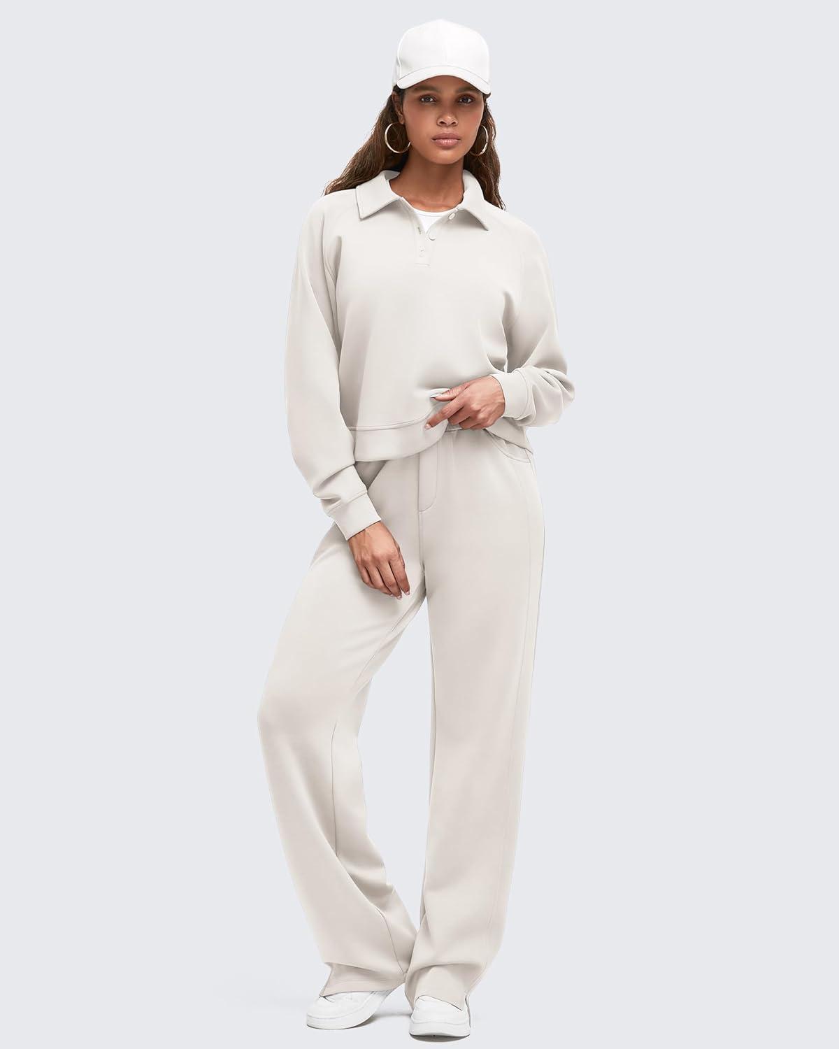 imageG4Free Smoofit Modal Soft Women Wide Leg Sweatpants High Waisted Side Slit Casual Pants with Pockets PetiteRegularTallIvory