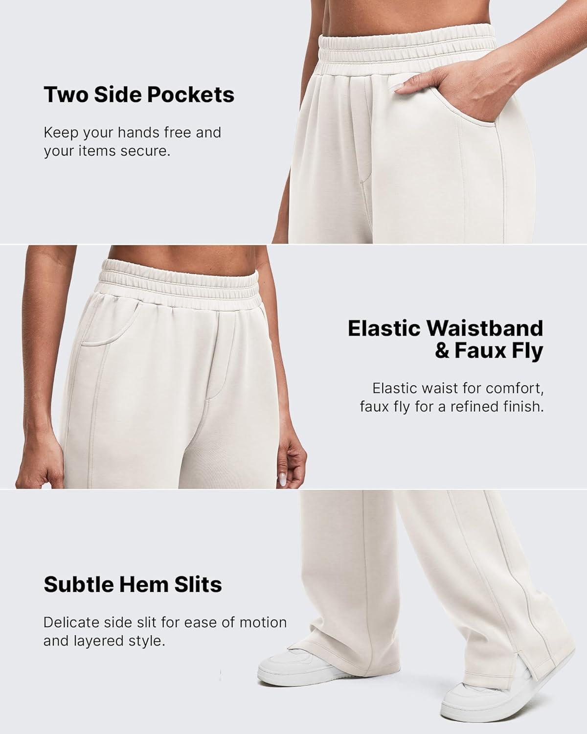 imageG4Free Smoofit Modal Soft Women Wide Leg Sweatpants High Waisted Side Slit Casual Pants with Pockets PetiteRegularTallIvory
