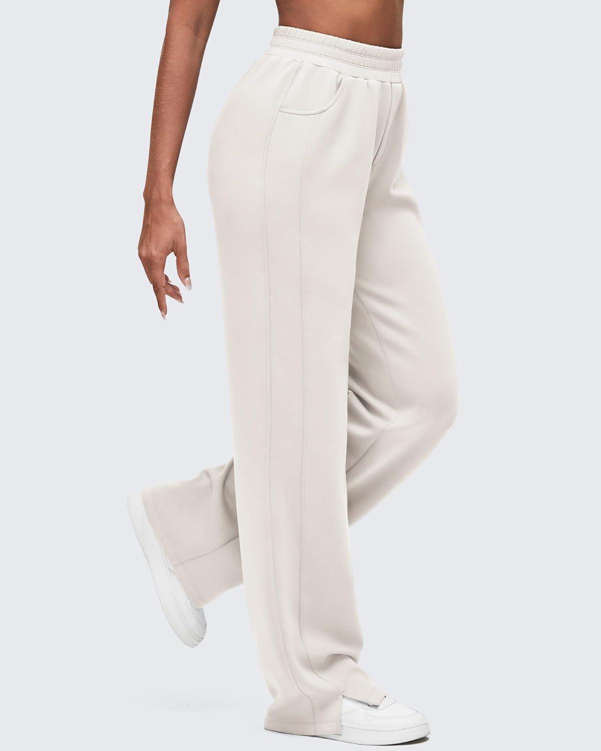 imageG4Free Smoofit Modal Soft Women Wide Leg Sweatpants High Waisted Side Slit Casual Pants with Pockets PetiteRegularTallIvory