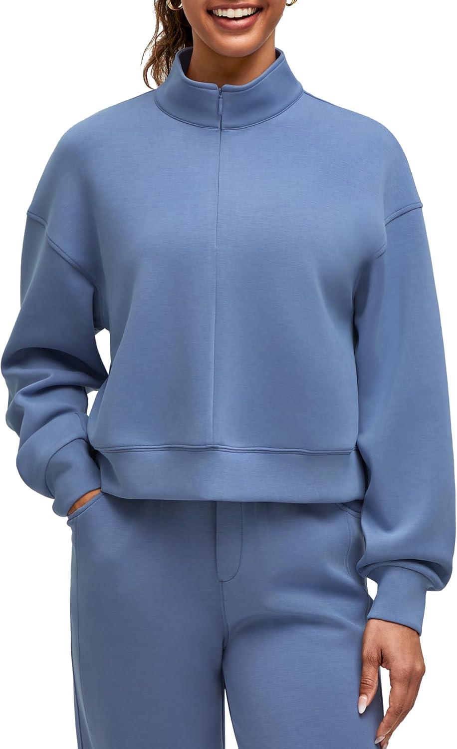 imageG4Free Smoofit Modal Soft Womens HalfZip Pullover Mock Neck Long Sleeve Sweatshirts with Side SlitsDenim Blue