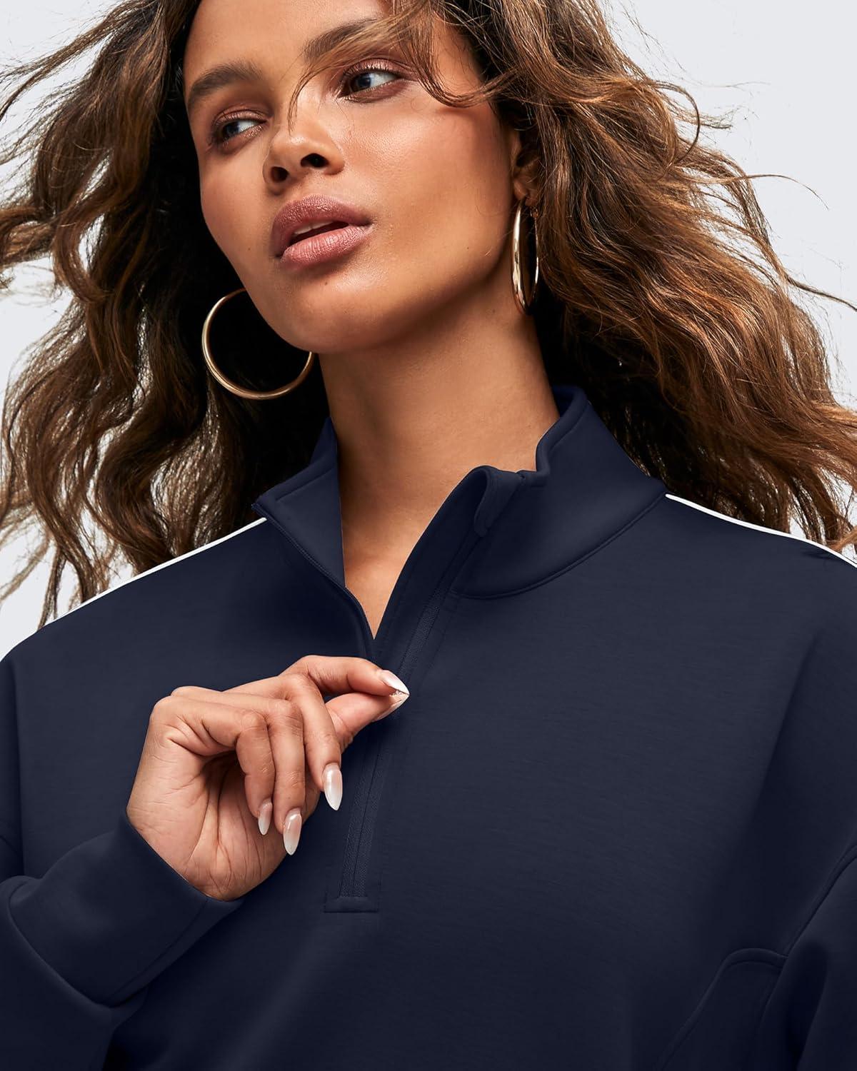imageG4Free Smoofit Modal Soft Womens HalfZip Sweatshirts Pullover Mock Neck Casual Tops with PocketsDark Navy