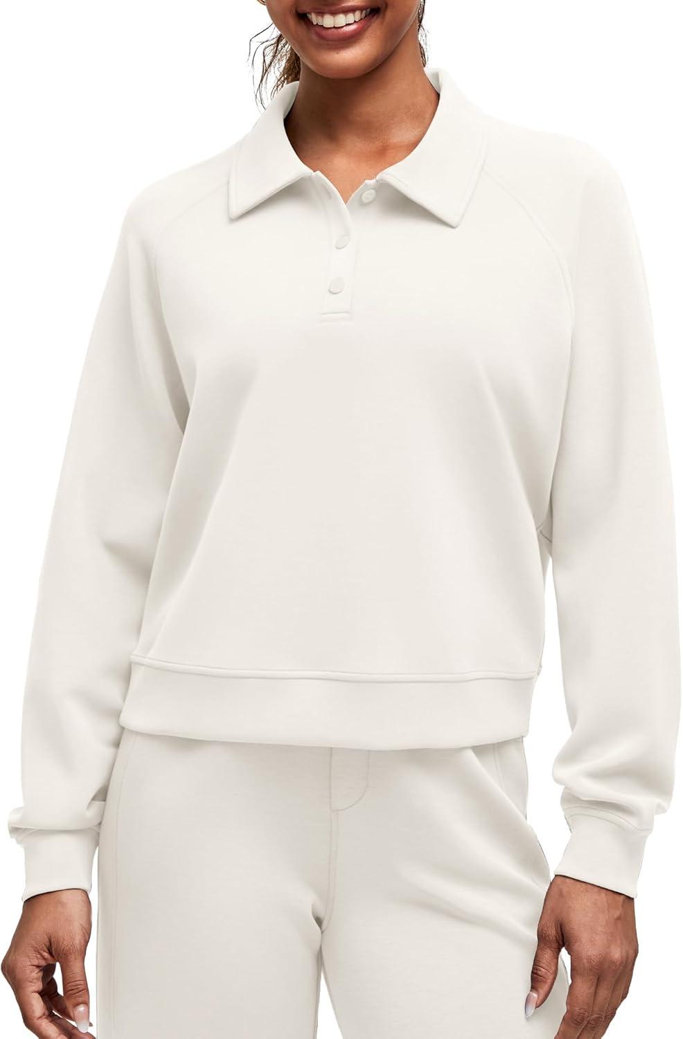 imageG4Free Smoofit Modal Soft Womens Polo Sweatshirts Pullover Long Sleeve Button Up Casual TopsIvory
