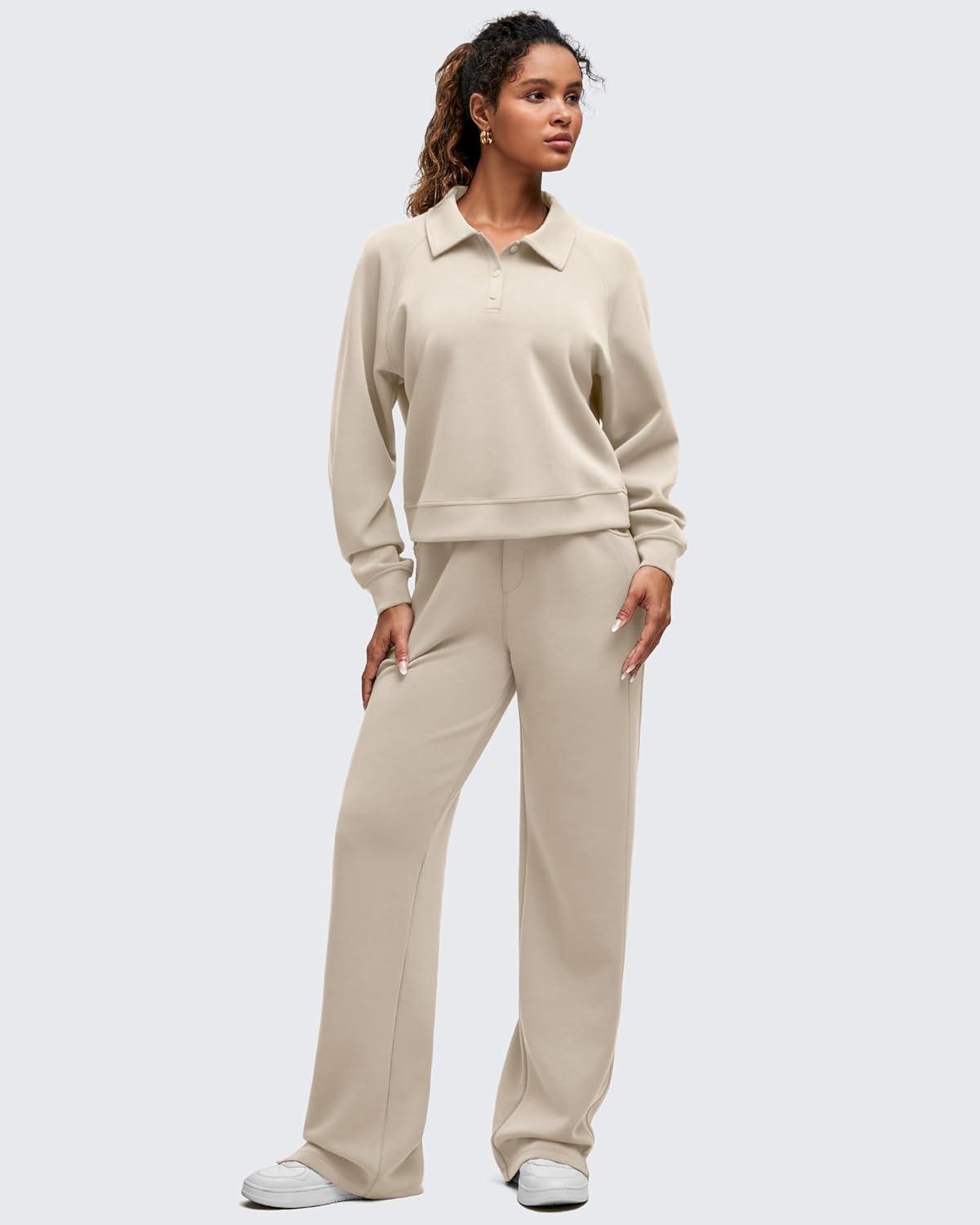 imageG4Free Smoofit Modal Soft Womens Polo Sweatshirts Pullover Long Sleeve Button Up Casual TopsLight Khaki