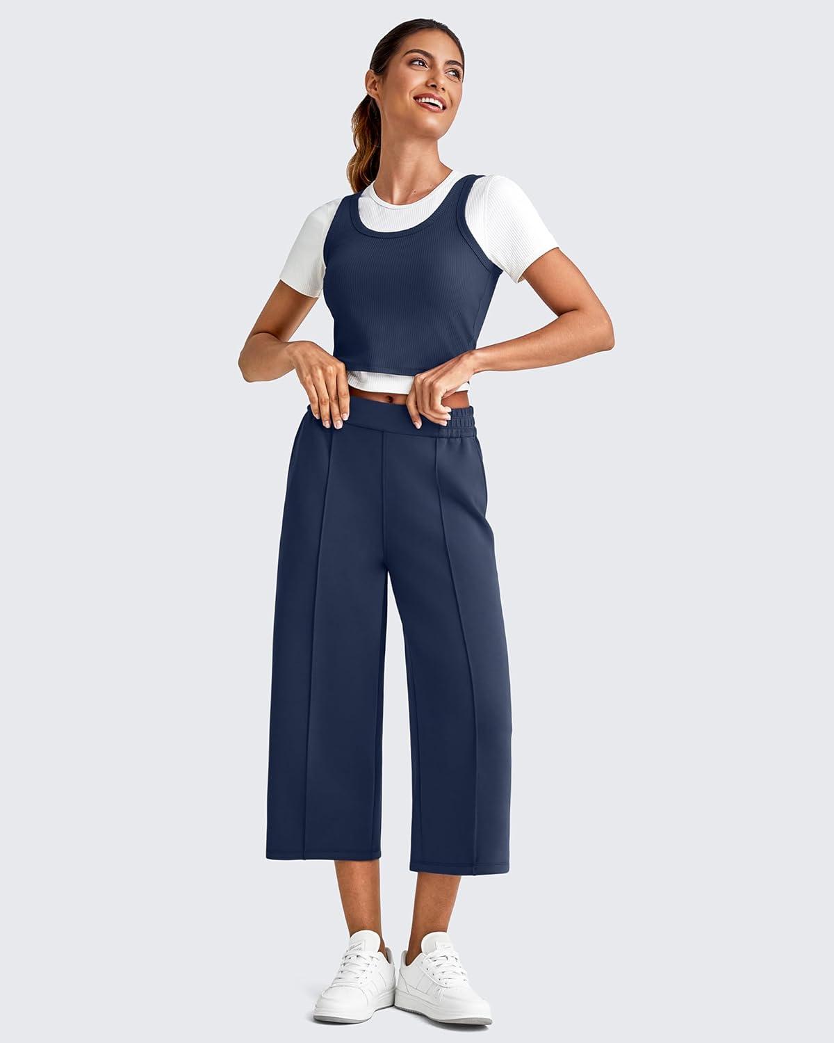 imageG4Free Smoofit Modal Soft Womens Wide Leg Capri Sweatpants High Waist Casual Lounge Cropped Pants with PocketsDark Blue