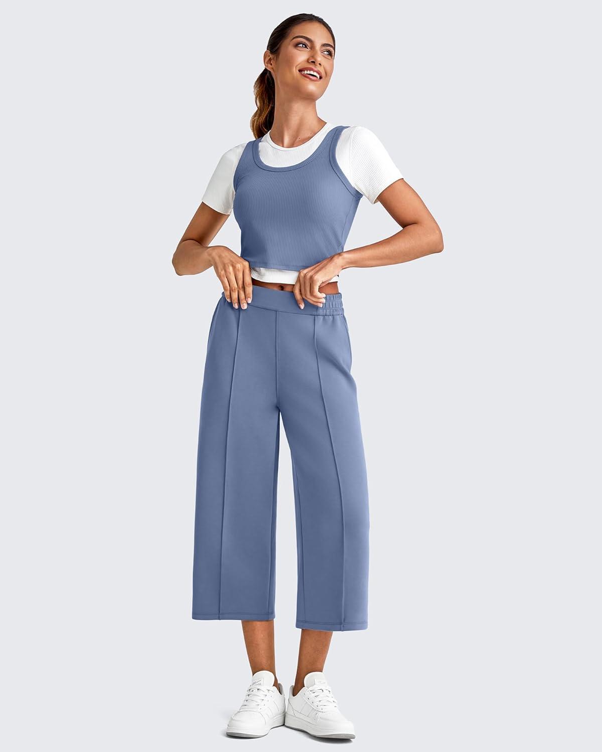 imageG4Free Smoofit Modal Soft Womens Wide Leg Capri Sweatpants High Waist Casual Lounge Cropped Pants with PocketsDemin Blue