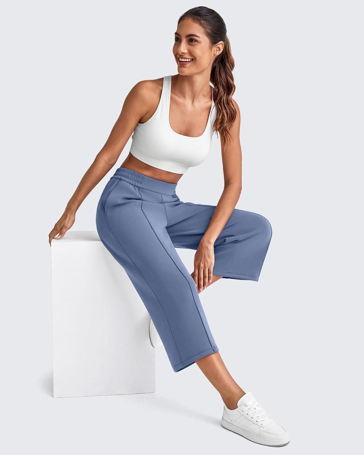 imageG4Free Smoofit Modal Soft Womens Wide Leg Capri Sweatpants High Waist Casual Lounge Cropped Pants with PocketsDemin Blue