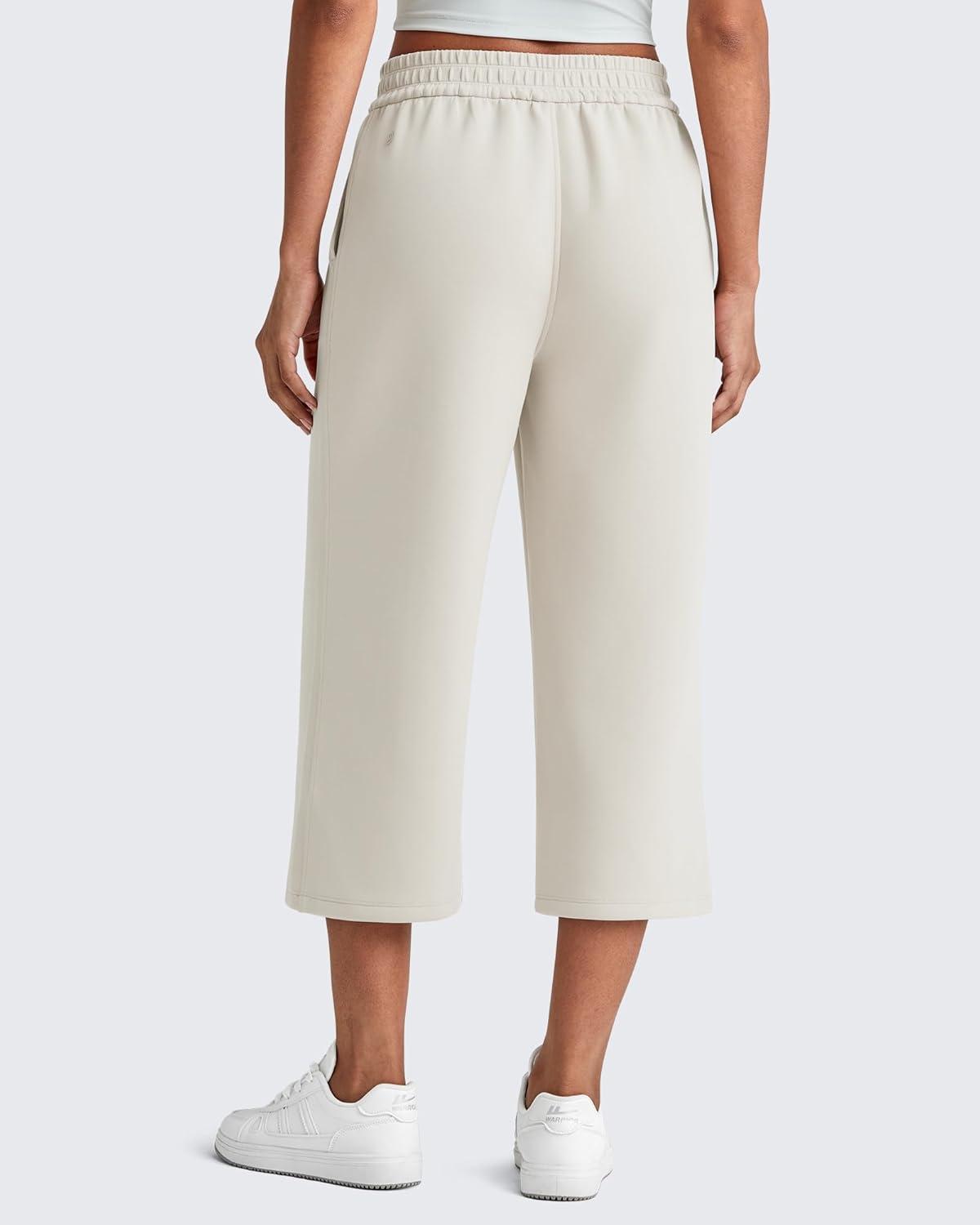 imageG4Free Smoofit Modal Soft Womens Wide Leg Capri Sweatpants High Waist Casual Lounge Cropped Pants with PocketsIvory