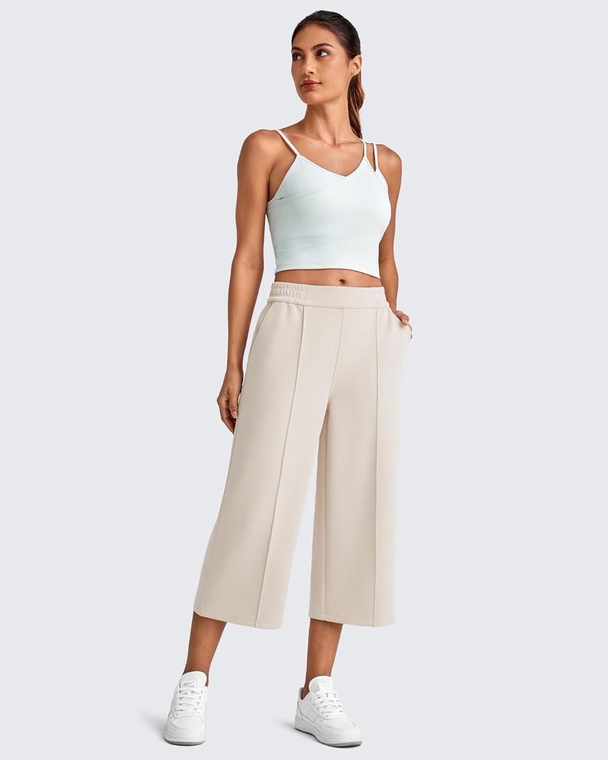 imageG4Free Smoofit Modal Soft Womens Wide Leg Capri Sweatpants High Waist Casual Lounge Cropped Pants with PocketsLight Khaki