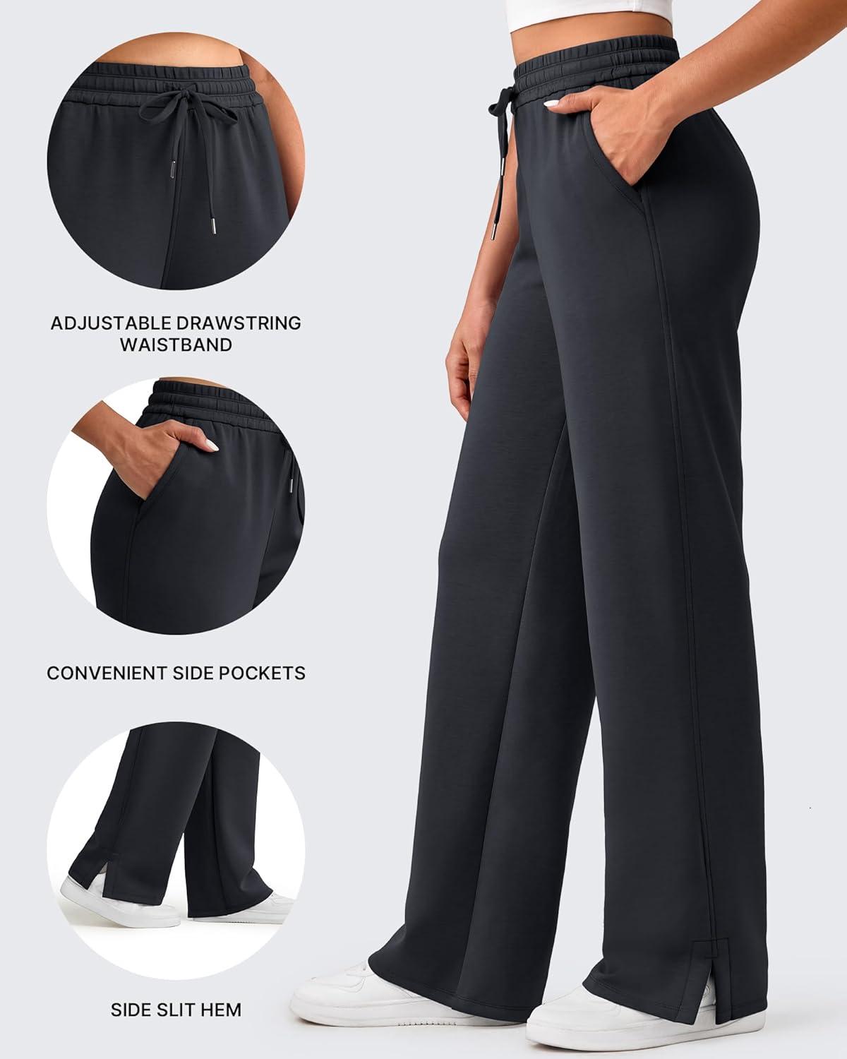 imageG4Free Smoofit Modal Soft Womens Wide Leg Sweatpants High Waisted Drawstring Side Slit Casual Lounge Pants with PocketsBlack