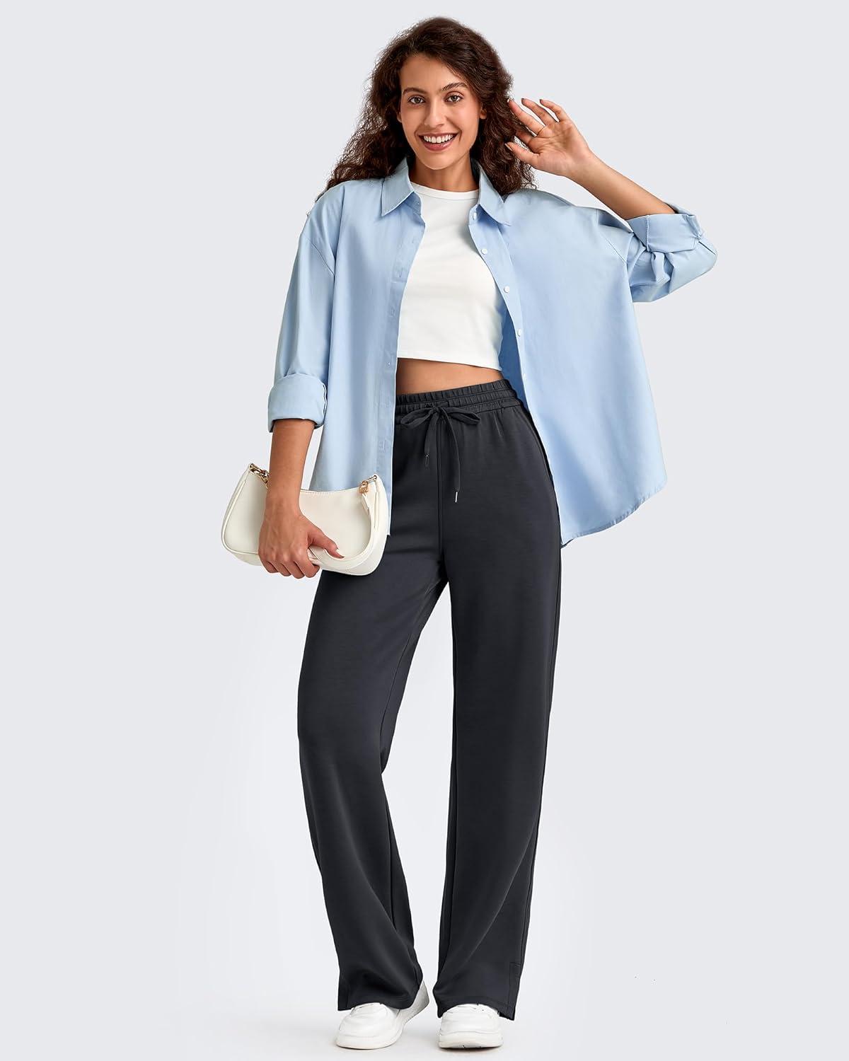 imageG4Free Smoofit Modal Soft Womens Wide Leg Sweatpants High Waisted Drawstring Side Slit Casual Lounge Pants with PocketsBlack