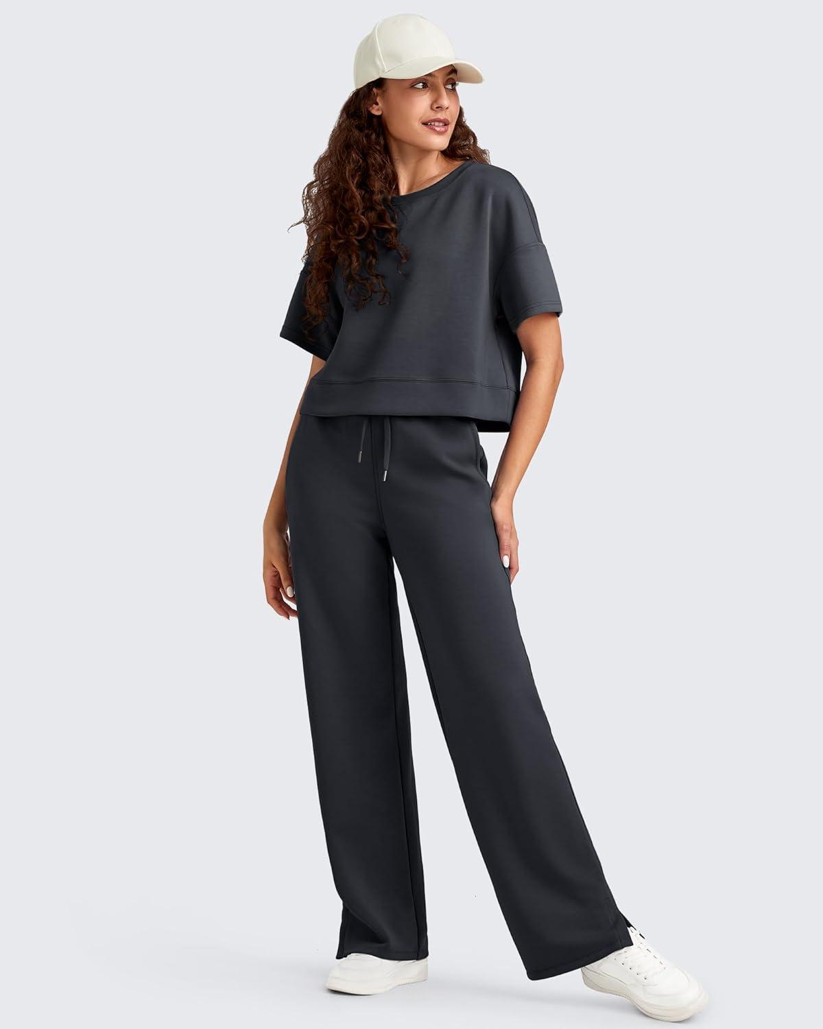 imageG4Free Smoofit Modal Soft Womens Wide Leg Sweatpants High Waisted Drawstring Side Slit Casual Lounge Pants with PocketsBlack