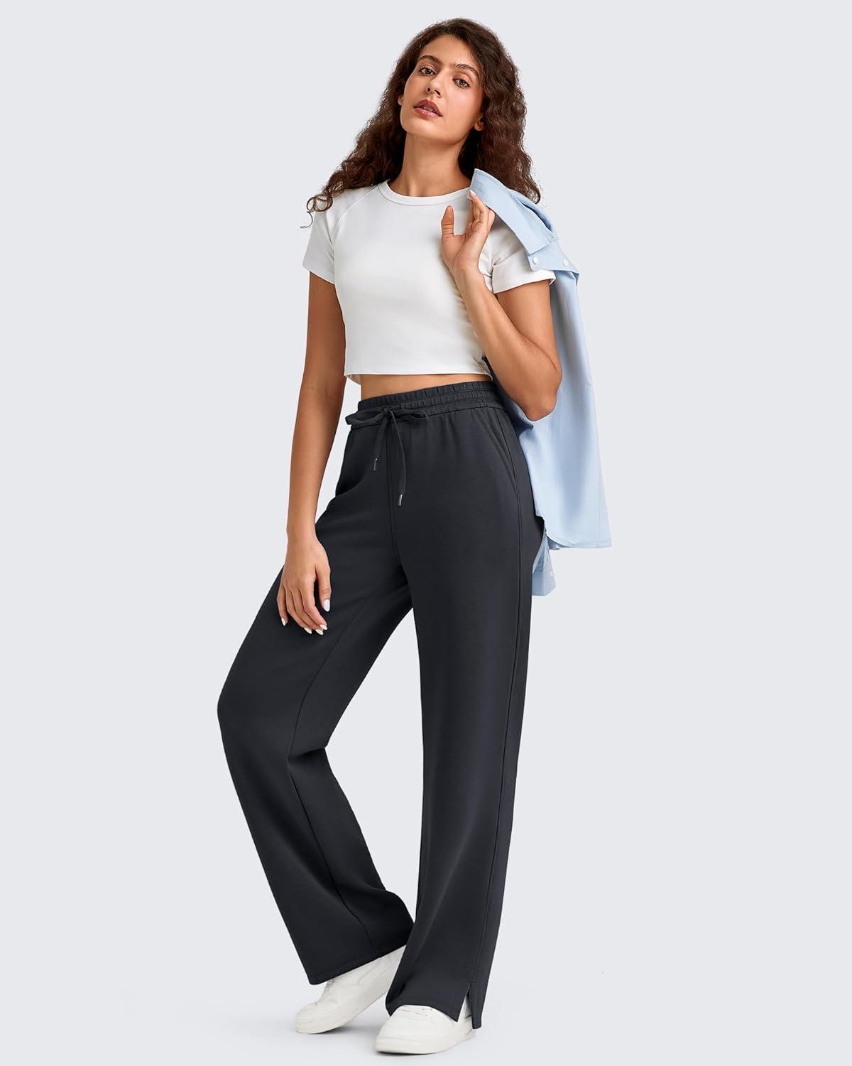 imageG4Free Smoofit Modal Soft Womens Wide Leg Sweatpants High Waisted Drawstring Side Slit Casual Lounge Pants with PocketsBlack