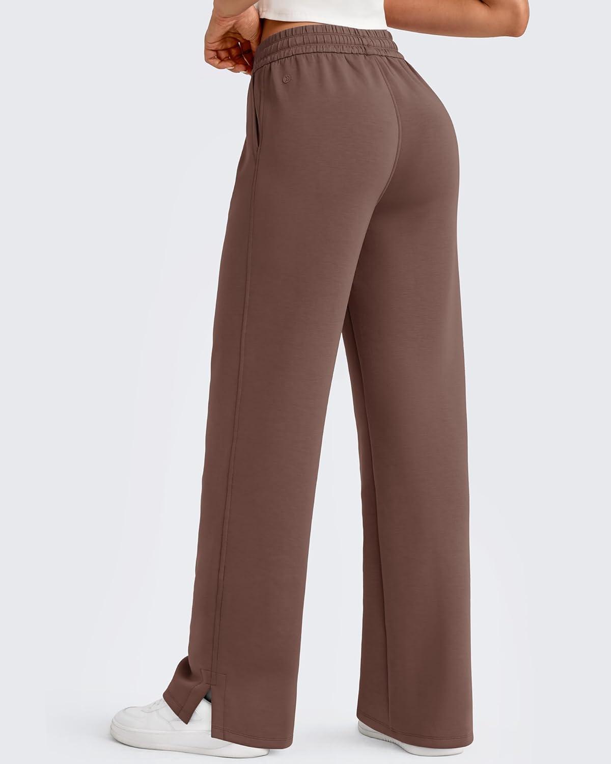 imageG4Free Smoofit Modal Soft Womens Wide Leg Sweatpants High Waisted Drawstring Side Slit Casual Lounge Pants with PocketsCoffee Brown
