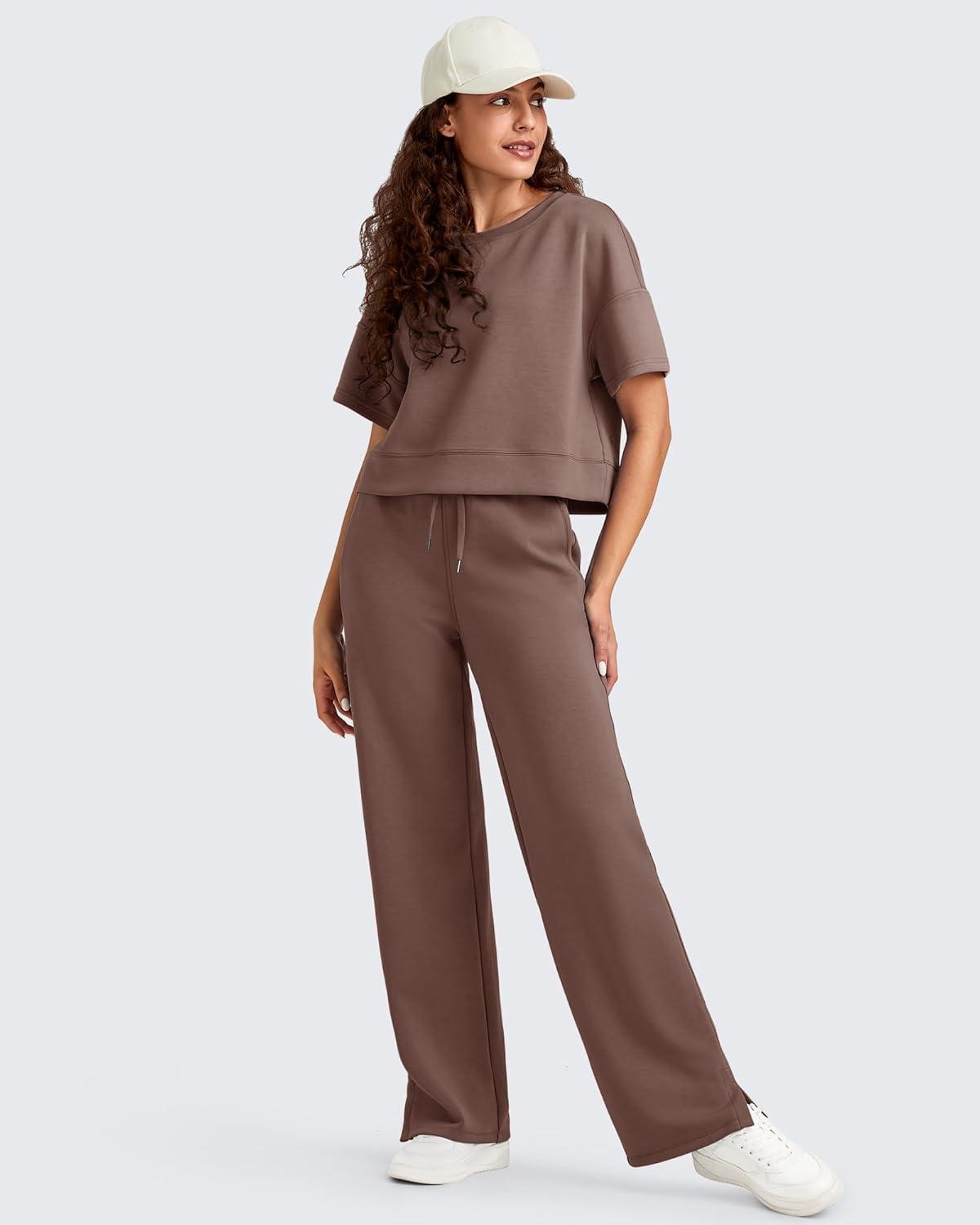 imageG4Free Smoofit Modal Soft Womens Wide Leg Sweatpants High Waisted Drawstring Side Slit Casual Lounge Pants with PocketsCoffee Brown