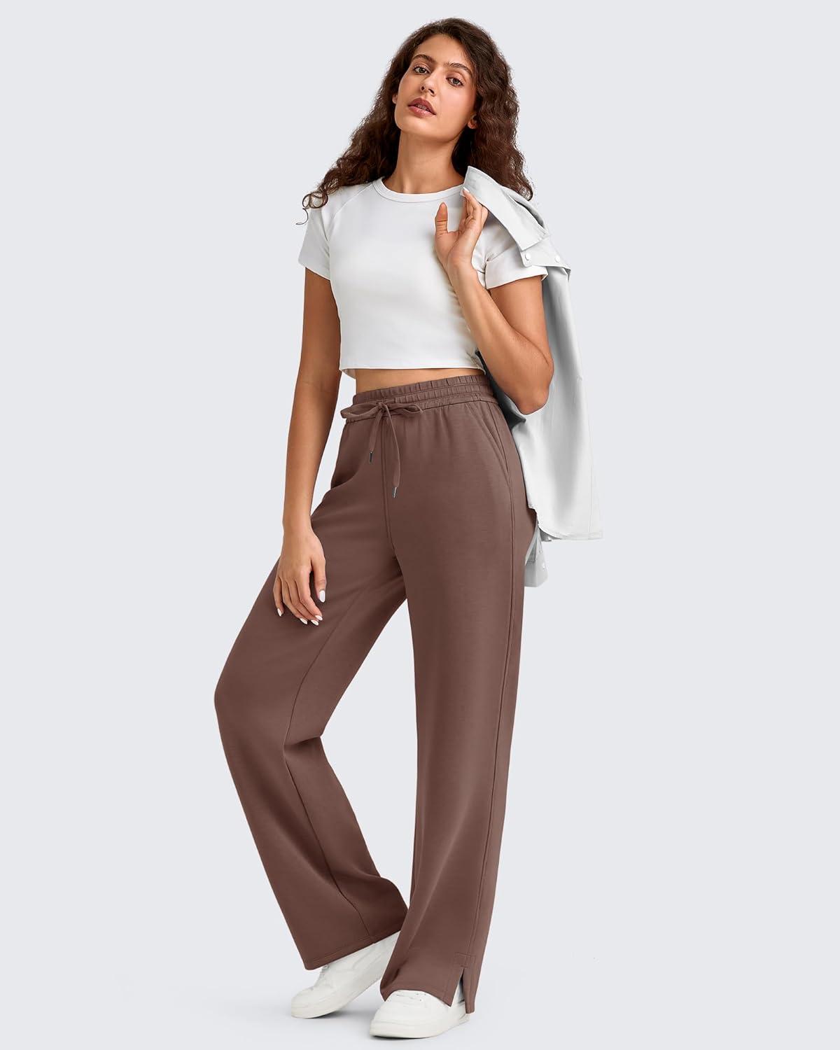 imageG4Free Smoofit Modal Soft Womens Wide Leg Sweatpants High Waisted Drawstring Side Slit Casual Lounge Pants with PocketsCoffee Brown
