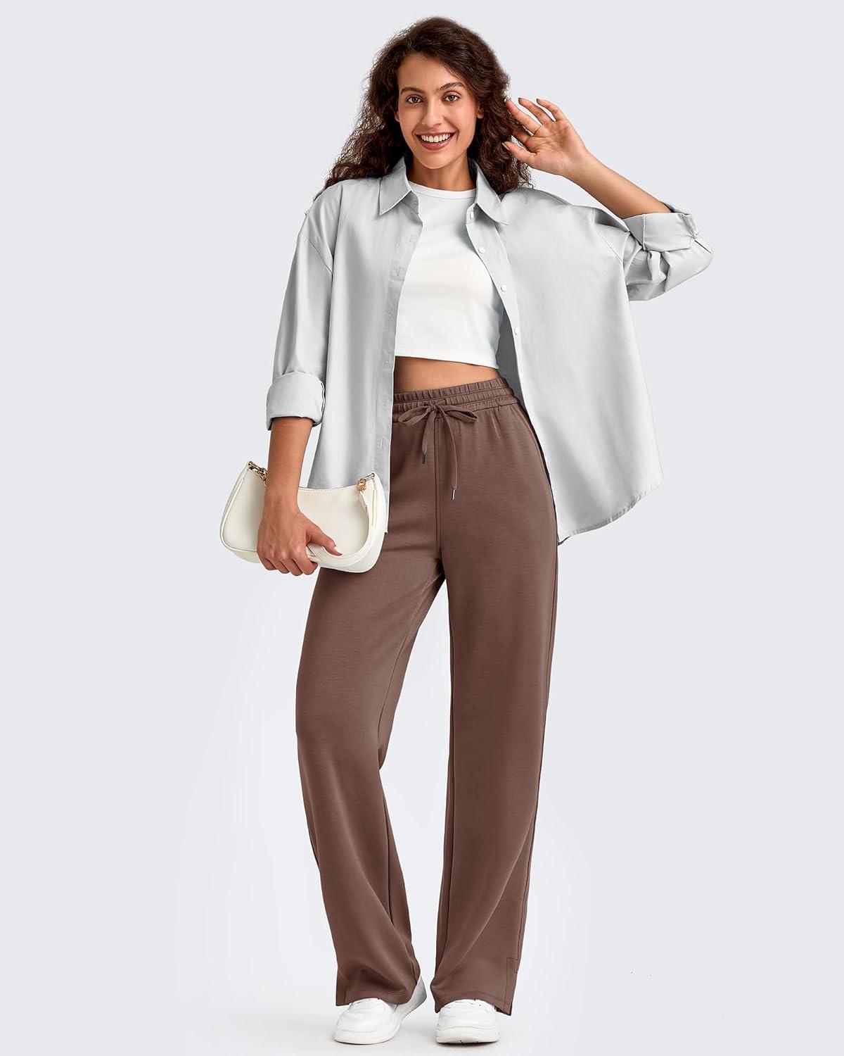 imageG4Free Smoofit Modal Soft Womens Wide Leg Sweatpants High Waisted Drawstring Side Slit Casual Lounge Pants with PocketsCoffee Brown