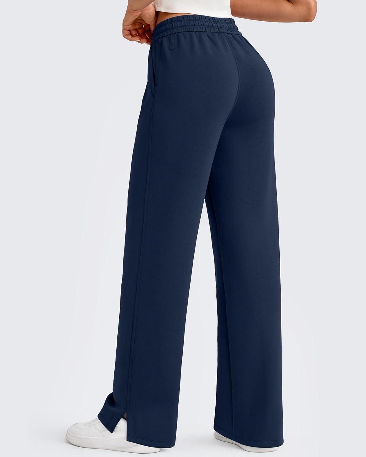 imageG4Free Smoofit Modal Soft Womens Wide Leg Sweatpants High Waisted Drawstring Side Slit Casual Lounge Pants with PocketsDark Navy