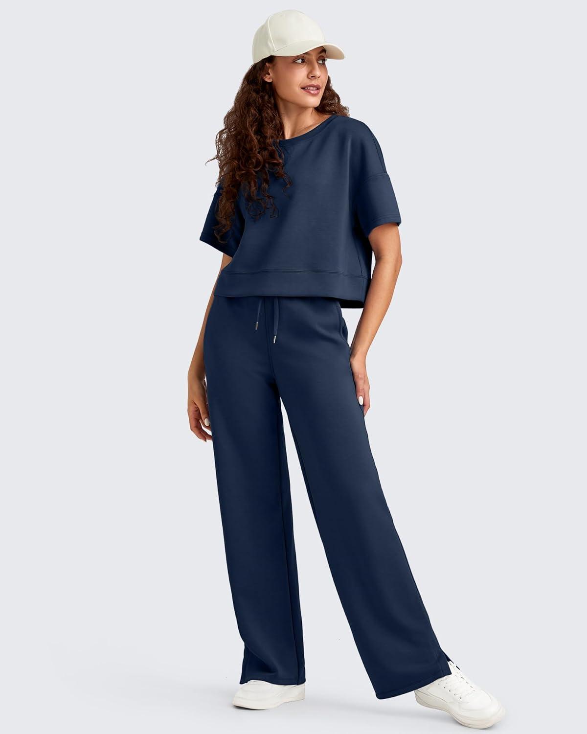 imageG4Free Smoofit Modal Soft Womens Wide Leg Sweatpants High Waisted Drawstring Side Slit Casual Lounge Pants with PocketsDark Navy