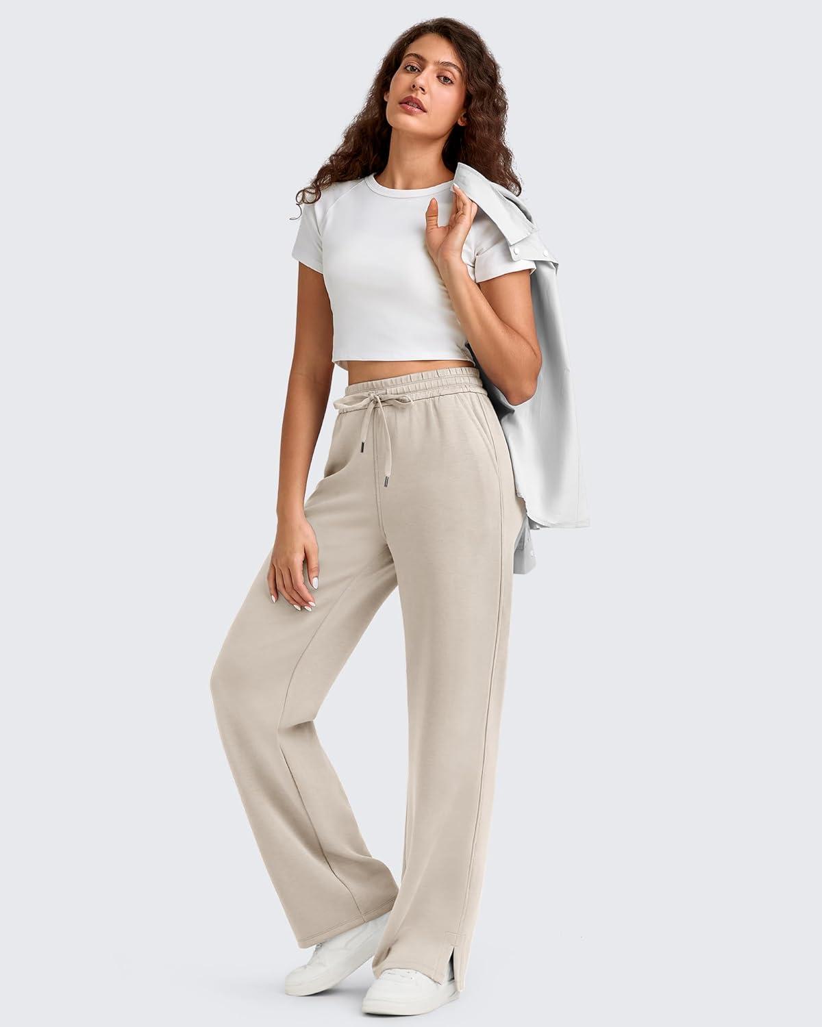 imageG4Free Smoofit Modal Soft Womens Wide Leg Sweatpants High Waisted Drawstring Side Slit Casual Lounge Pants with PocketsLight Khaki