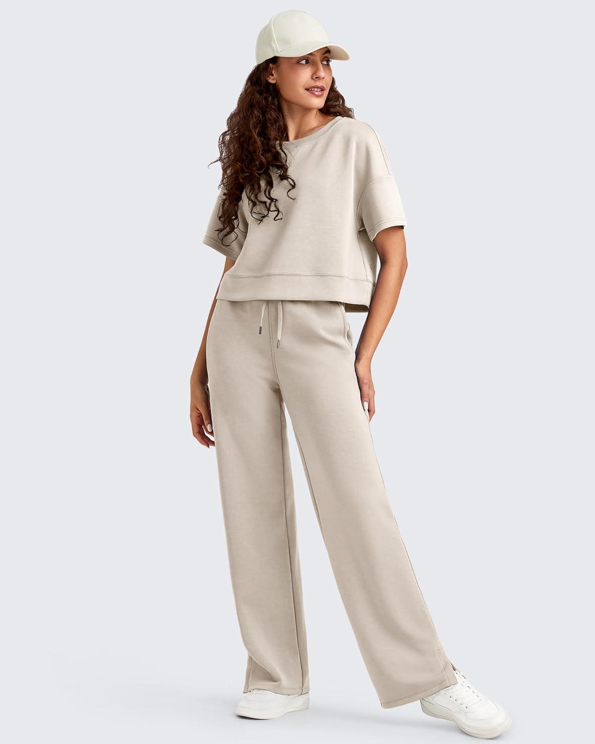 imageG4Free Smoofit Modal Soft Womens Wide Leg Sweatpants High Waisted Drawstring Side Slit Casual Lounge Pants with PocketsLight Khaki