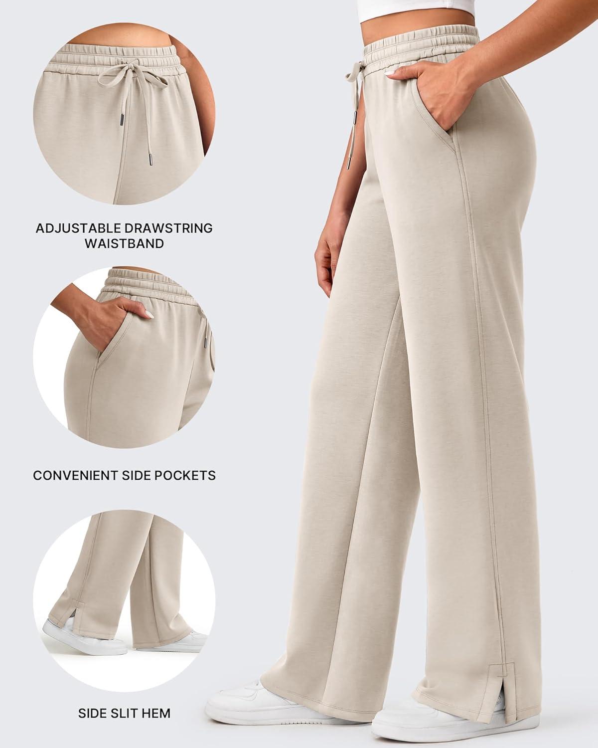 imageG4Free Smoofit Modal Soft Womens Wide Leg Sweatpants High Waisted Drawstring Side Slit Casual Lounge Pants with PocketsLight Khaki