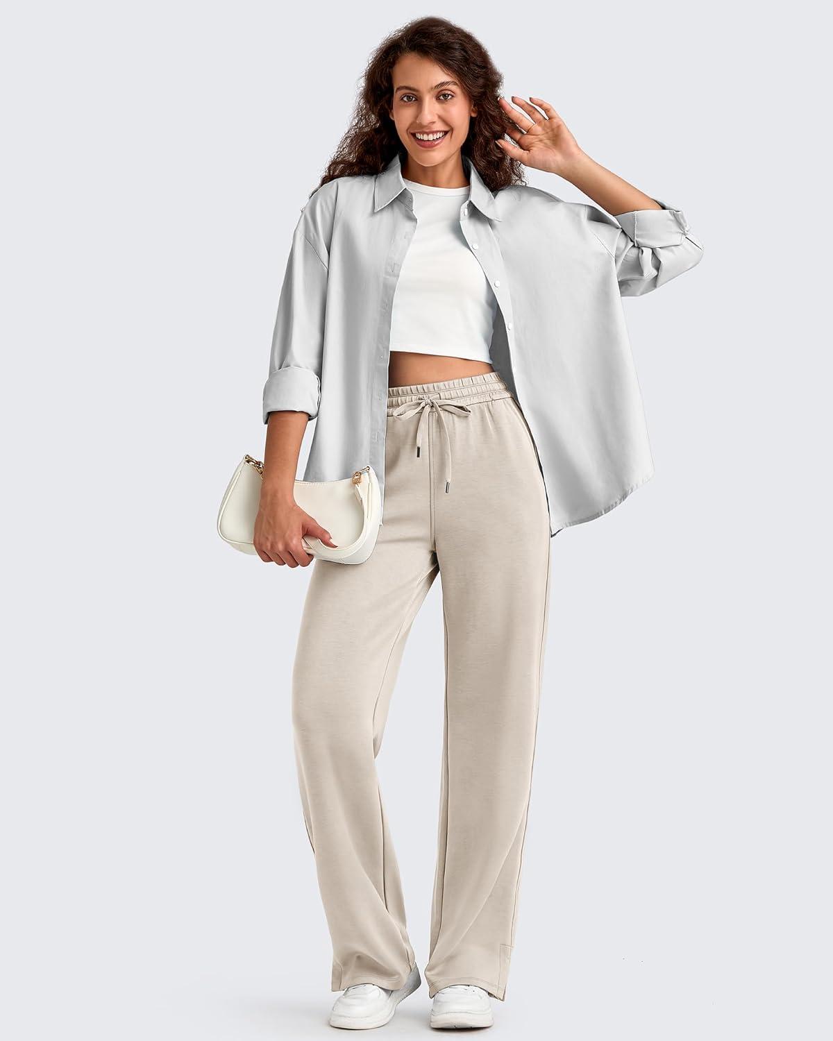 imageG4Free Smoofit Modal Soft Womens Wide Leg Sweatpants High Waisted Drawstring Side Slit Casual Lounge Pants with PocketsLight Khaki